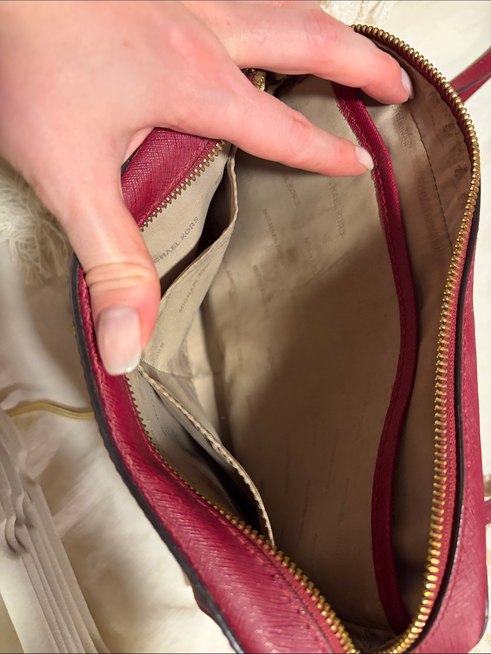 Michael Kors Red Leather Crossbody Purse with Gold Chain (Used) - Picture 9 of 11